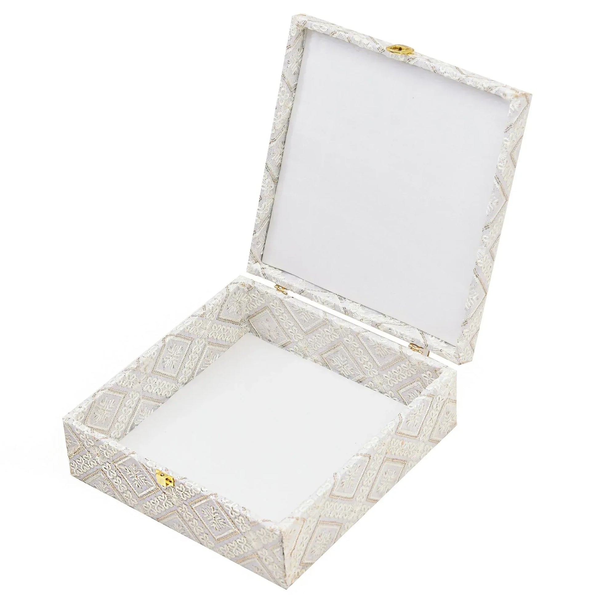 White Lace Fabric Decorative Storage Box with Golden Lock – Empty Gift (26×26×9.5 cm) | Grownex Packaging | wooden box
