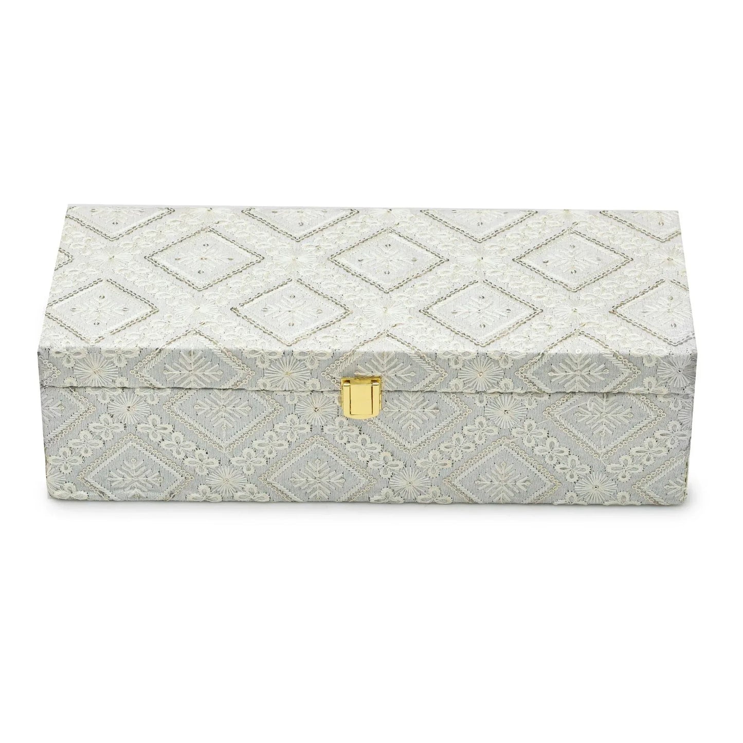 Premium White Embroidered Fabric Storage & Gift Box with Lock – 33x13.5x10 cm | Grownex Packaging | wooden box