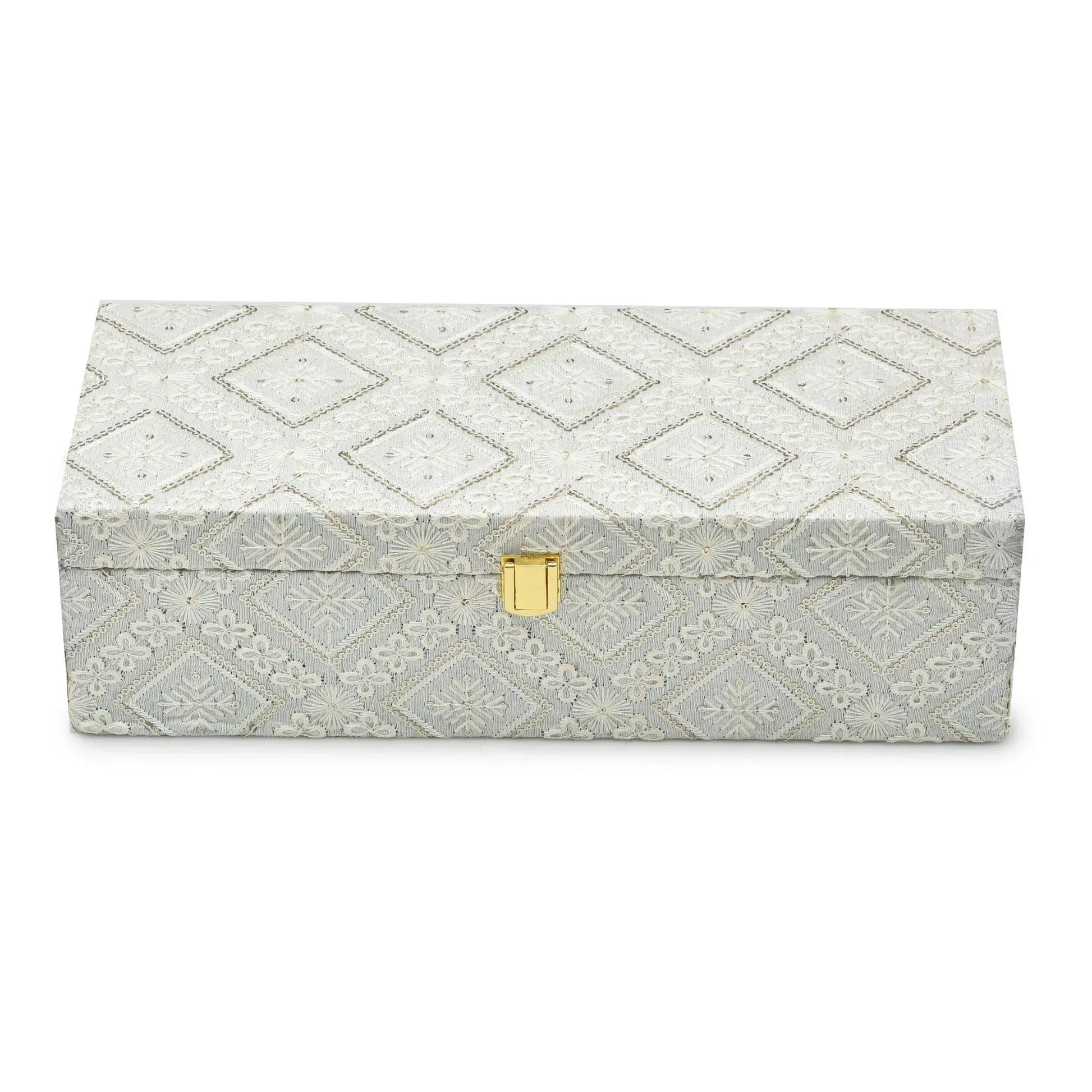 Premium White Embroidered Fabric Storage & Gift Box with Lock – 33x13.5x10 cm | Grownex Packaging | wooden box