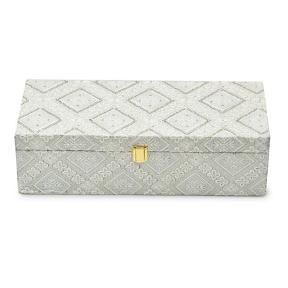 Premium White Embroidered Fabric Storage & Gift Box with Lock – 33x13.5x10 cm | Grownex Packaging | wooden box