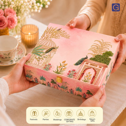 Pink Peacock Print Wooden Dry Fruit Gift Box with 6 Jars | Premium Festive Hamper Box