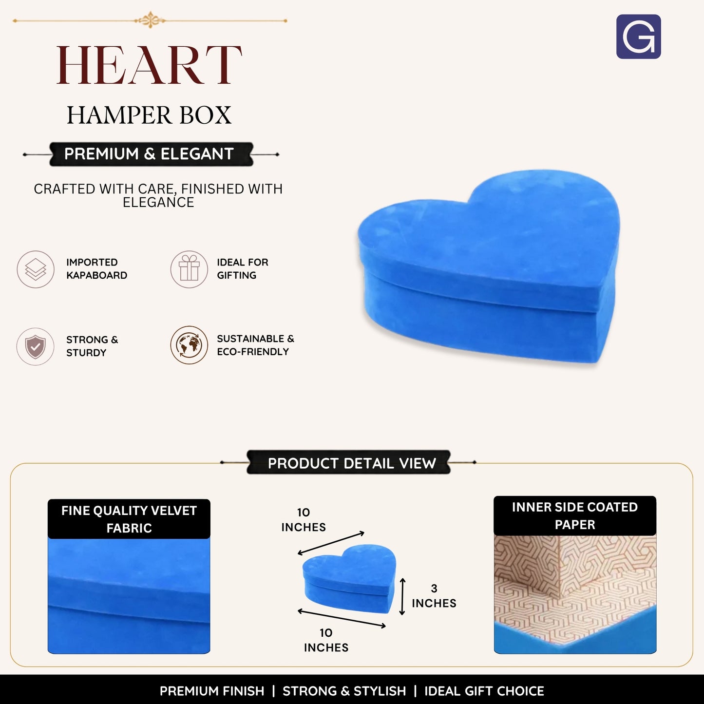 Heart Shape Velvet Hamper Box 10x3 Inch Blue | Gift Box