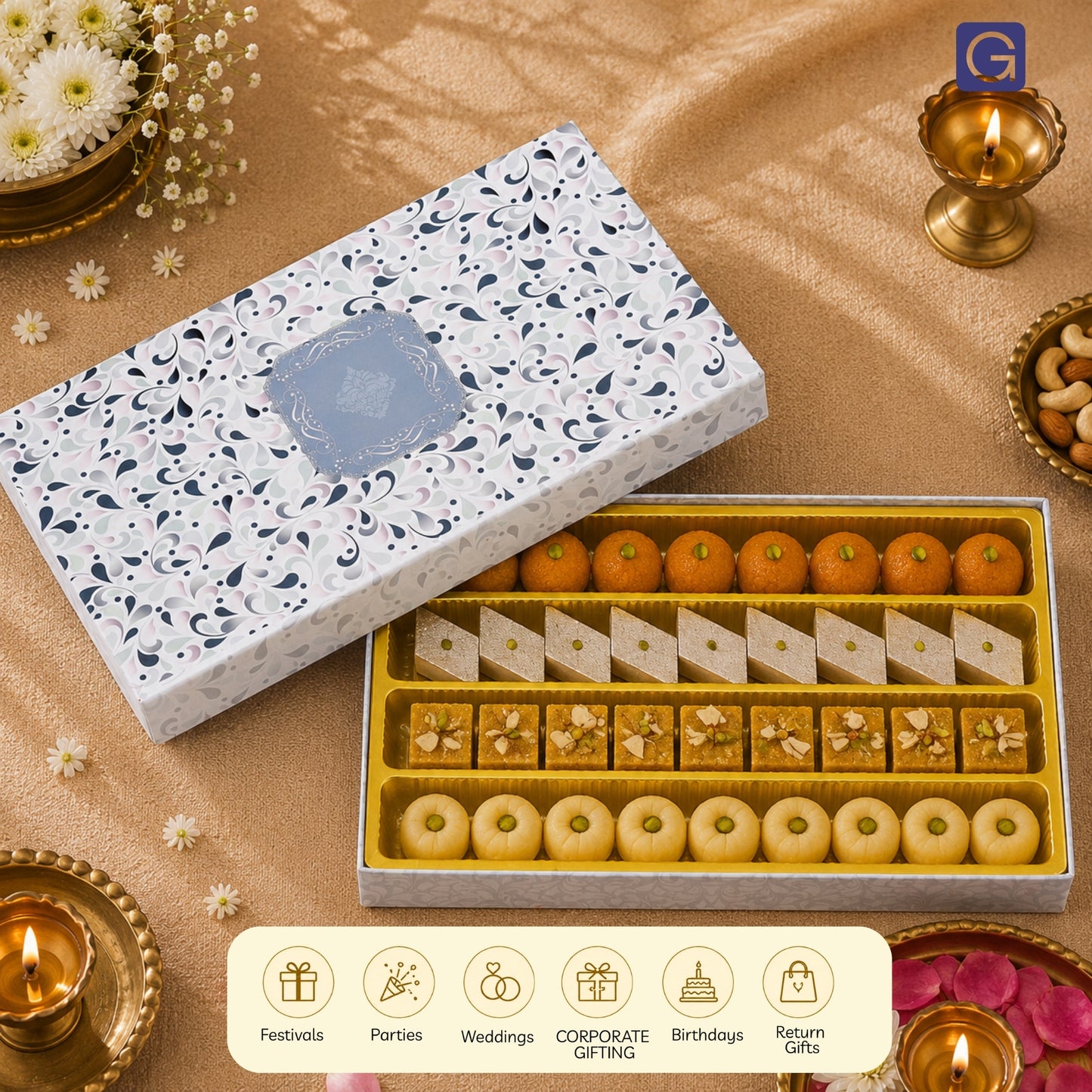 White Floral Sweet Packing Box | 1kg Premium Mithai Gift Packaging Box