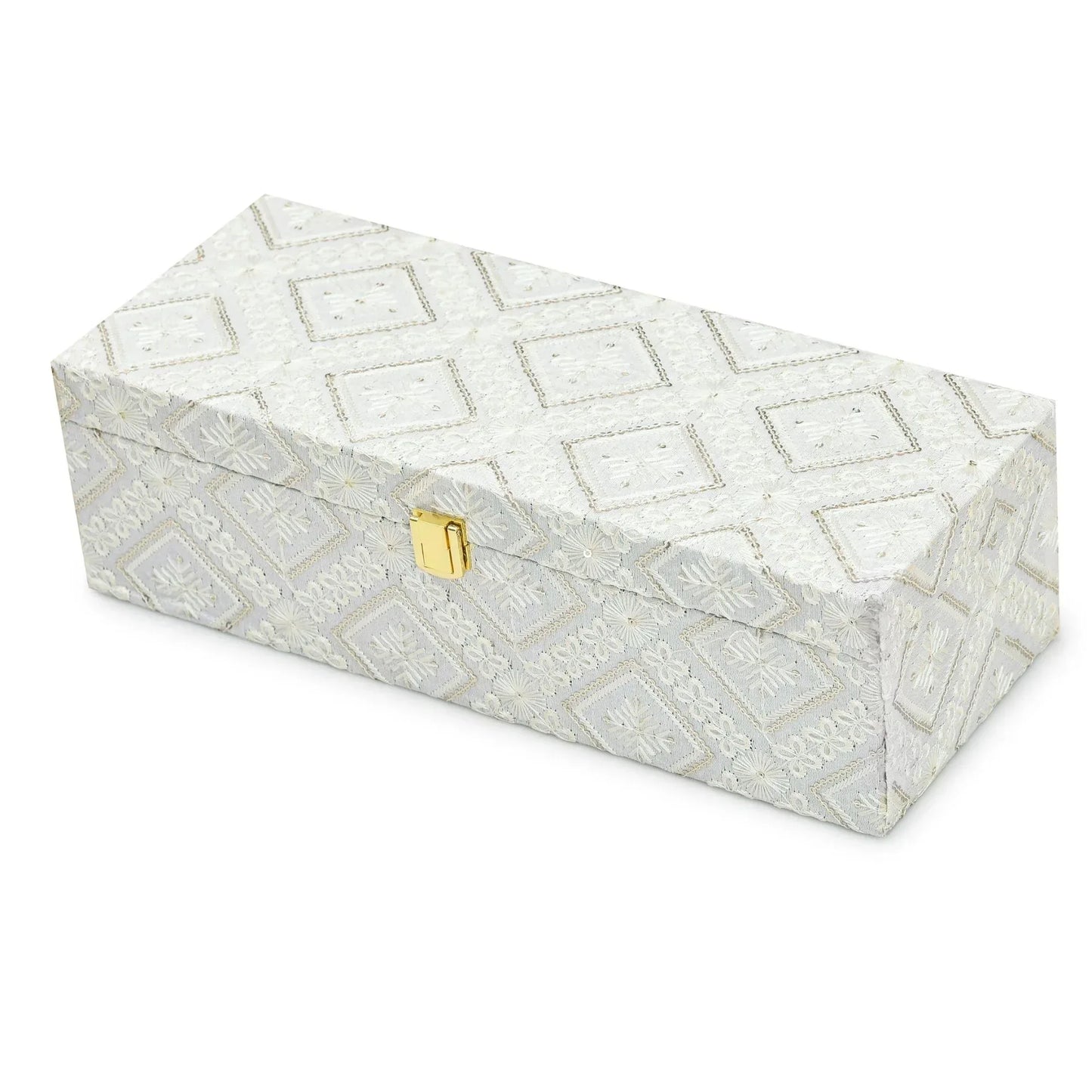 Premium White Embroidered Fabric Storage & Gift Box with Lock – 33x13.5x10 cm | Grownex Packaging | wooden box