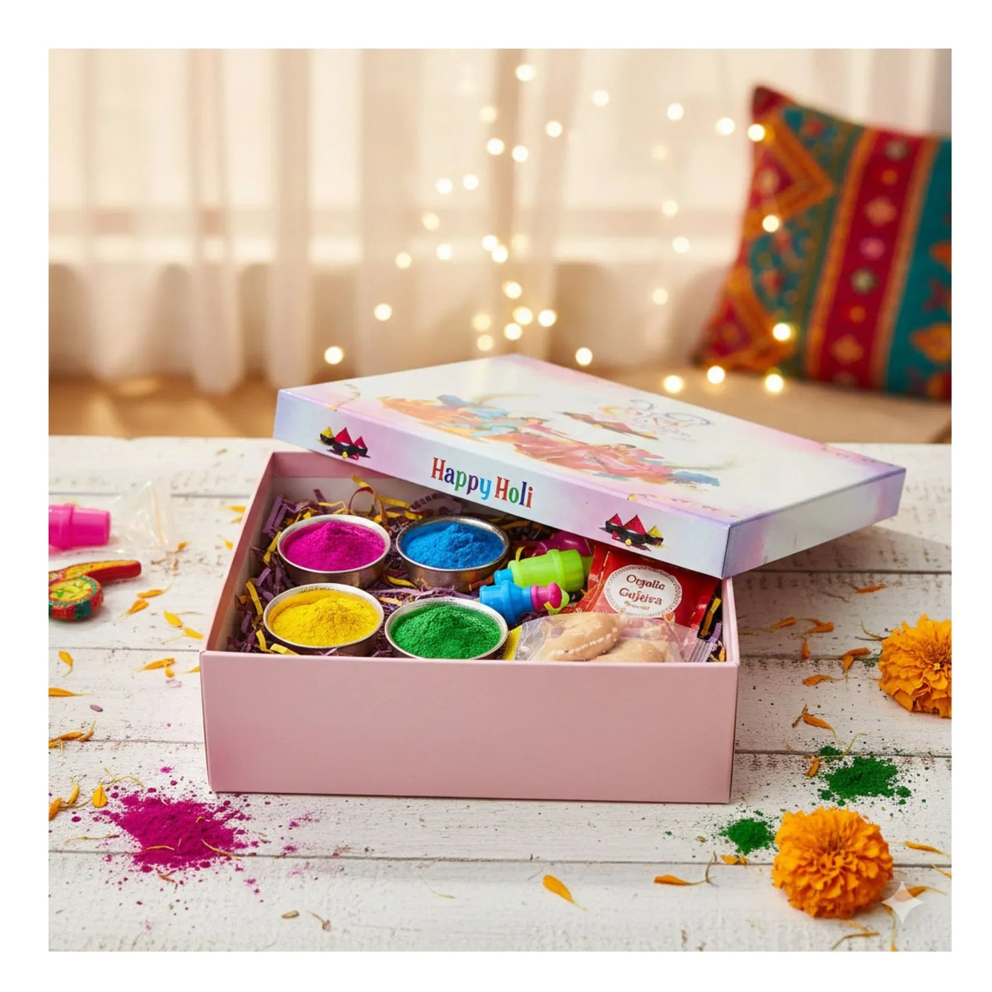 Holi Print Hamper Box 23.6 × 20.3 × 6.4 cm – Pink Kappa Board Food Safe Gift Box | Grownex Packaging | Hamper Box