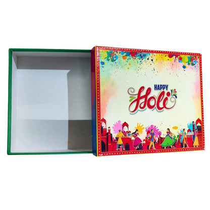 Holi Print Hamper Box 24.9 × 21.6 × 6.35 cm – Beige | Food Safe Kappa Board Gift Box for Sweets & Dry Fruits | Grownex Packaging | Hamper Box
