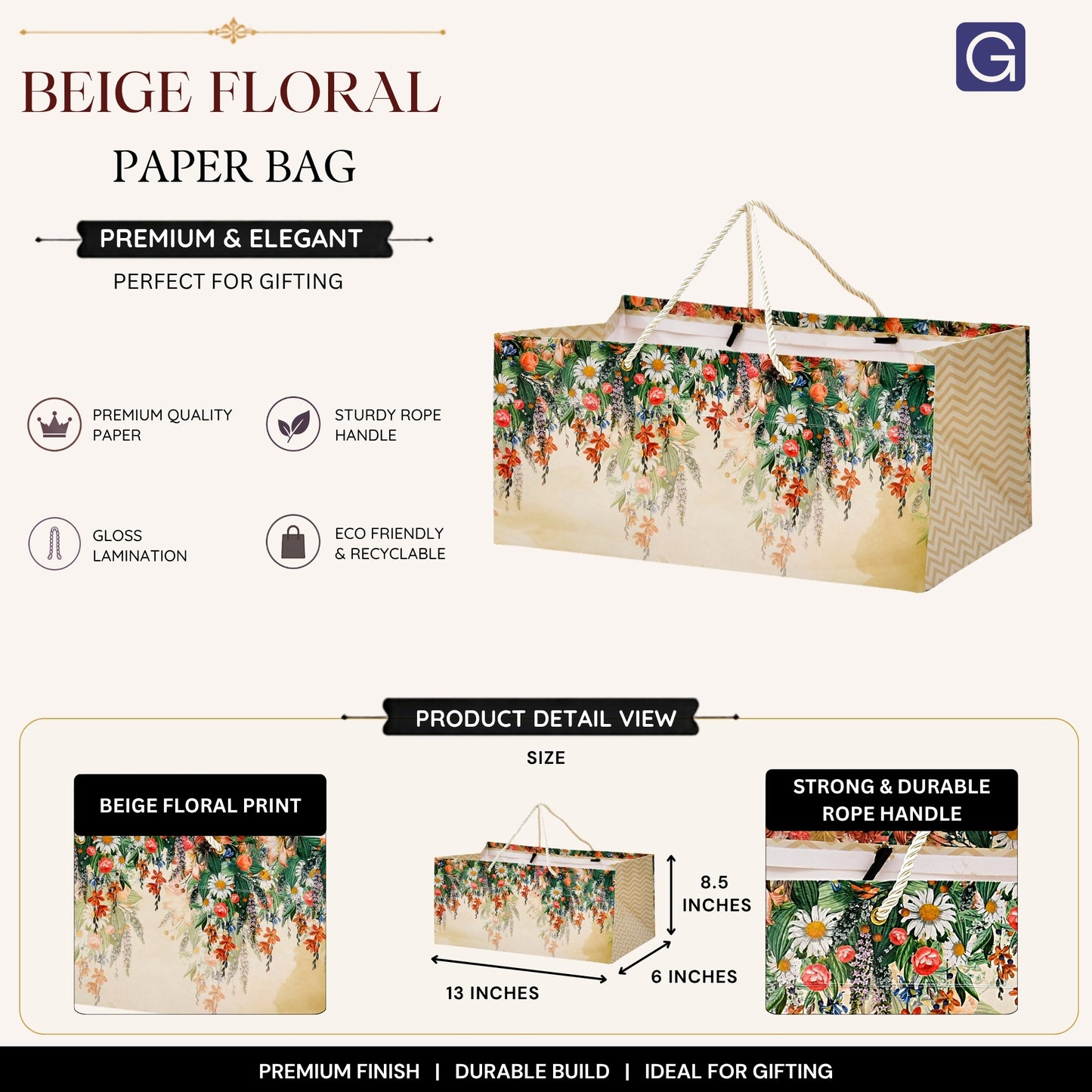 Beige Floral Print Paper Gift Bag 13x8.5x6 Inch | Wedding & Festive Hamper Packaging