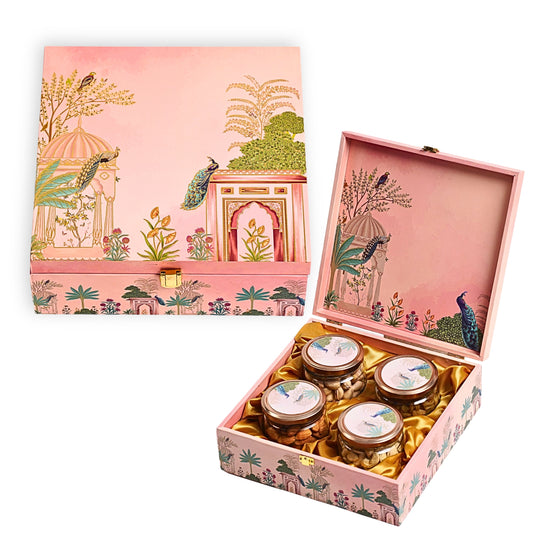 4 Jar Pink Wooden Box – Premium Decorative Gift Packaging | Grownex Packaging | wooden box