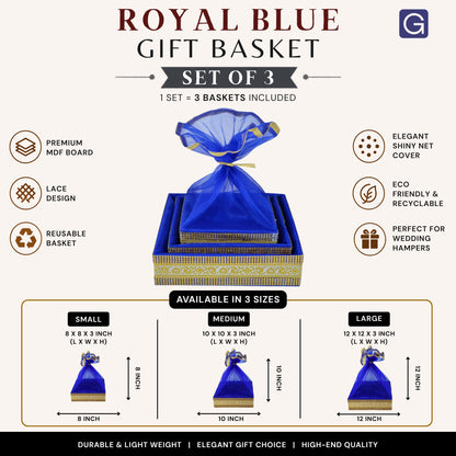 Decorative Royal Blue Gift Basket Set of 3 | Wedding & Return Gift Packaging