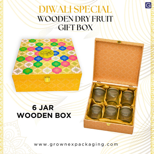 Premium 6 Glass Jars Diwali Gift Box with Multicolor Design – Festive Packaging for Sweets, Dry Fruits & Gifts | Grownex Packaging | wooden box