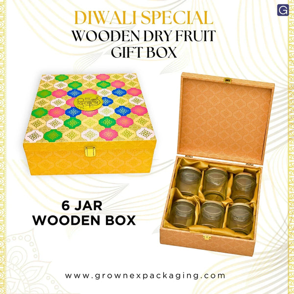 Premium 6 Glass Jars Diwali Gift Box with Multicolor Design – Festive Packaging for Sweets, Dry Fruits & Gifts | Grownex Packaging | wooden box