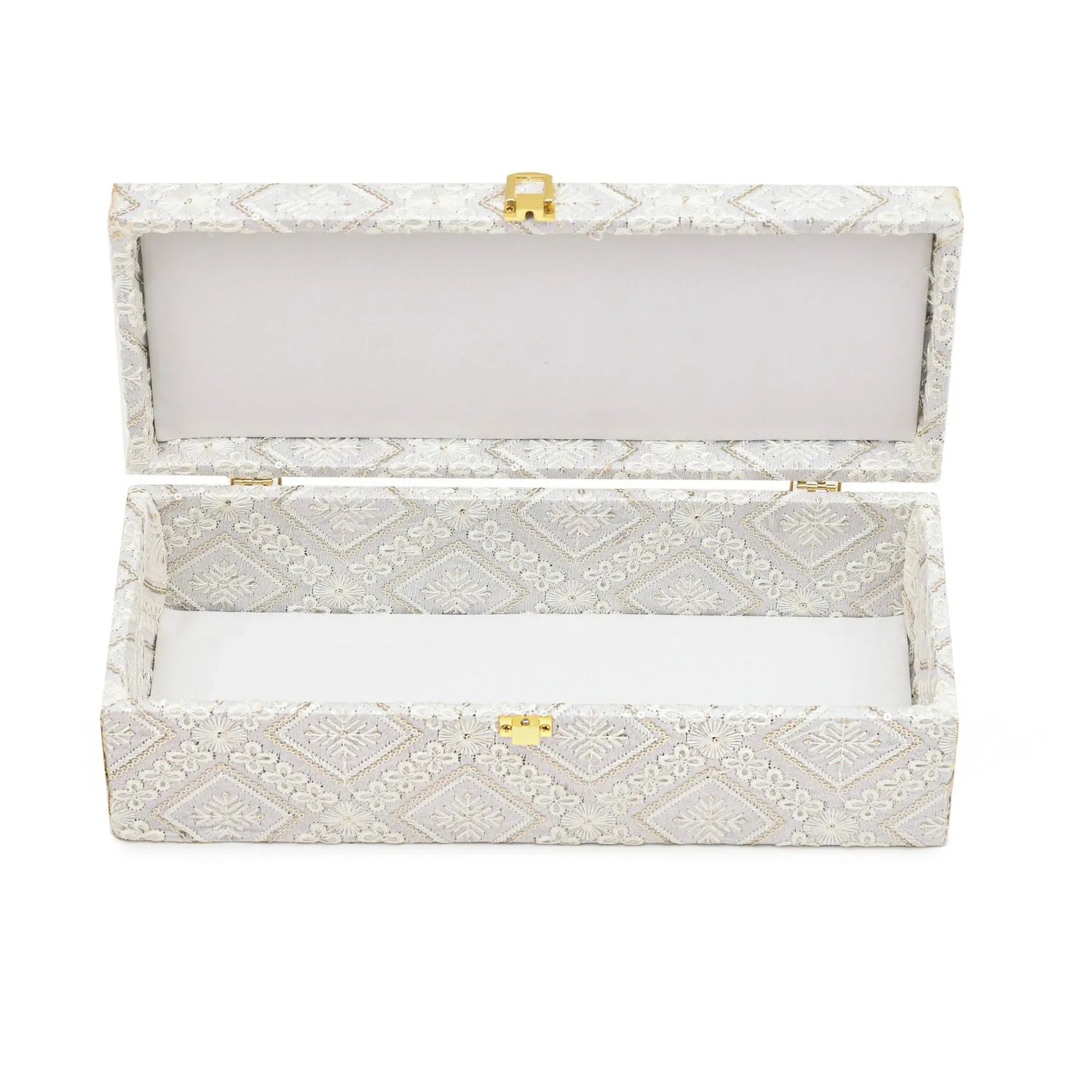 Premium White Embroidered Fabric Storage & Gift Box with Lock – 33x13.5x10 cm | Grownex Packaging | wooden box
