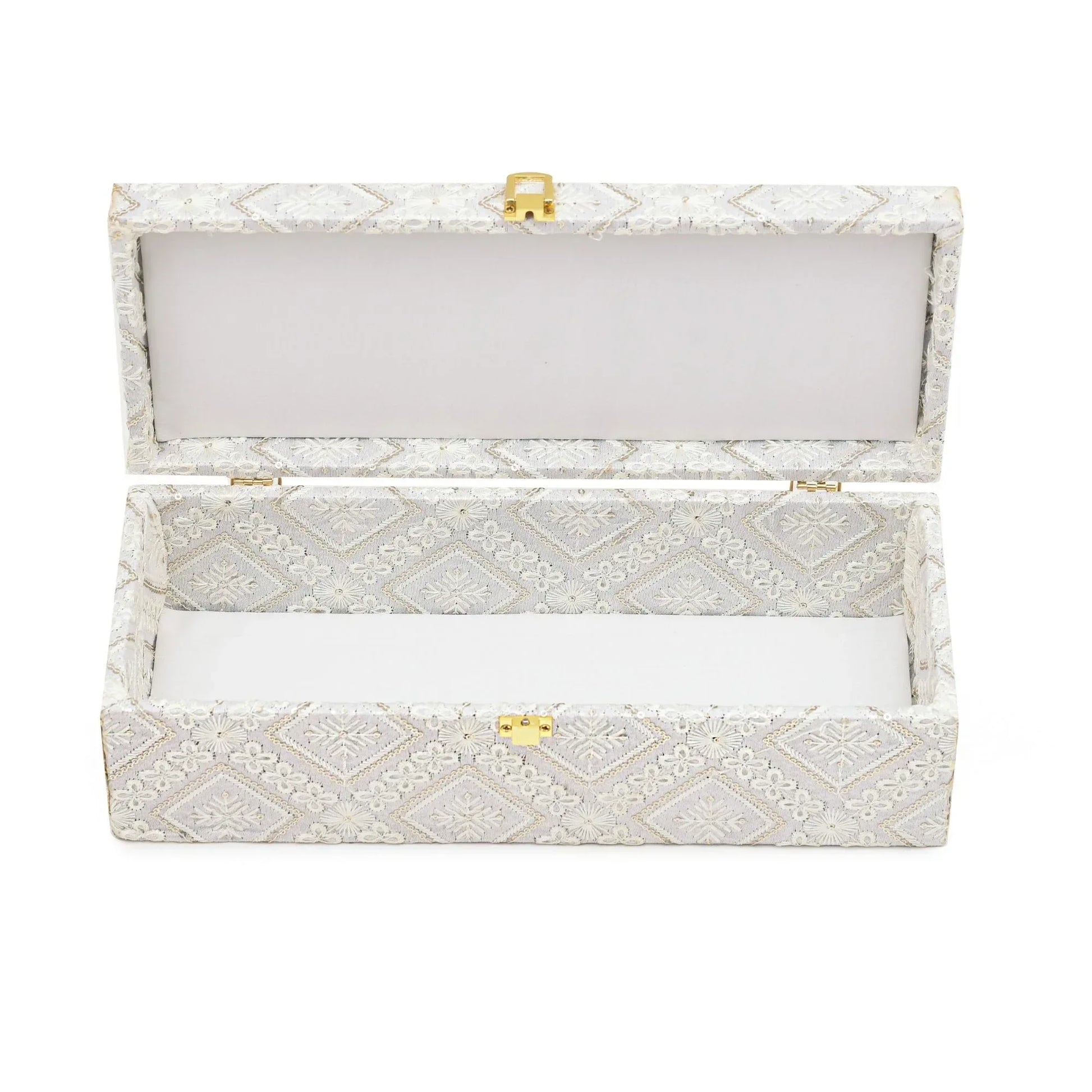 Premium White Embroidered Fabric Storage & Gift Box with Lock – 33x13.5x10 cm | Grownex Packaging | wooden box