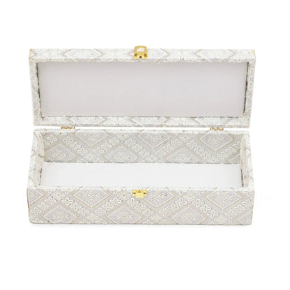 Premium White Embroidered Fabric Storage & Gift Box with Lock – 33x13.5x10 cm | Grownex Packaging | wooden box