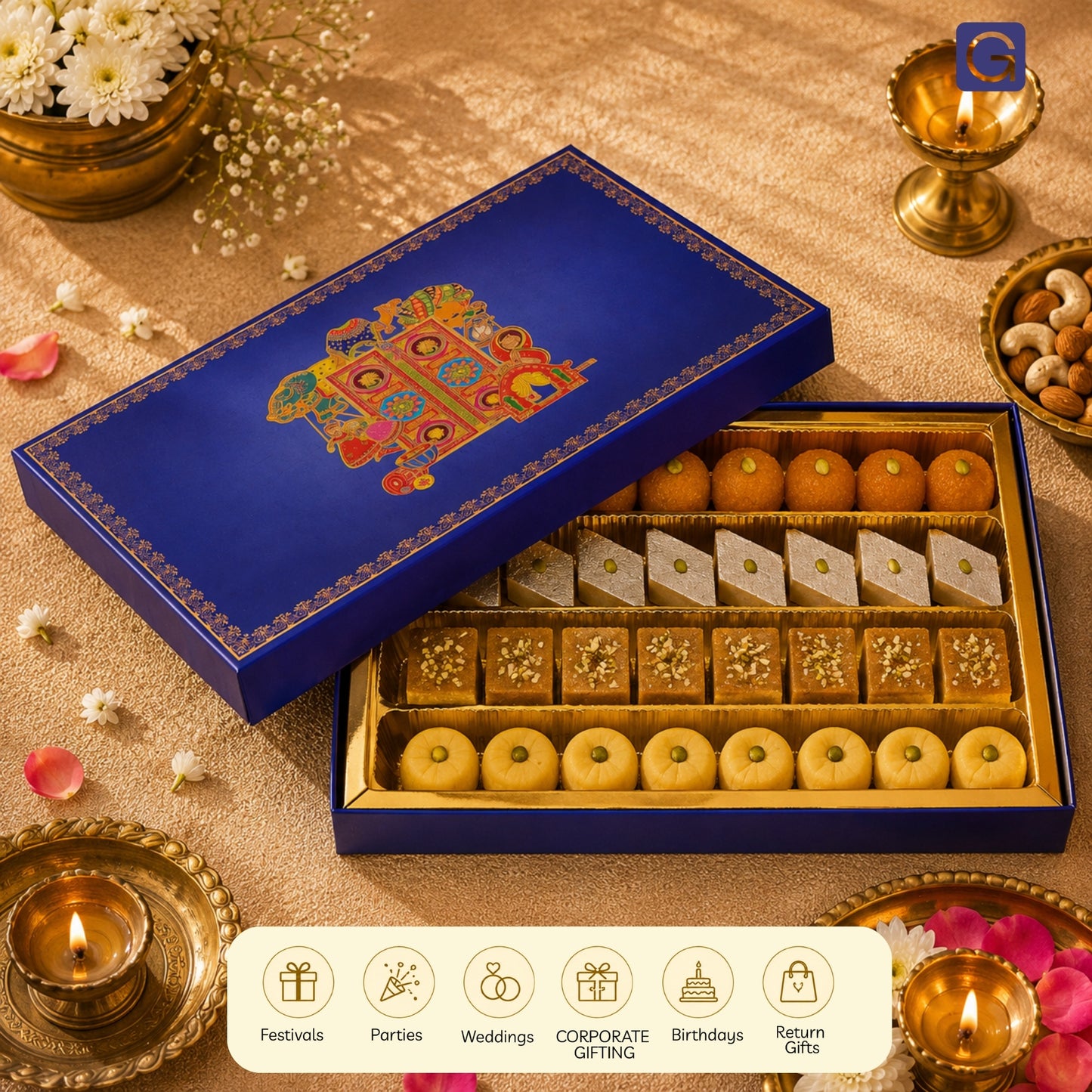 Big Size Blue Foil 4 Line Sweet Box | 1kg Premium Matte Finish Mithai Gift Box