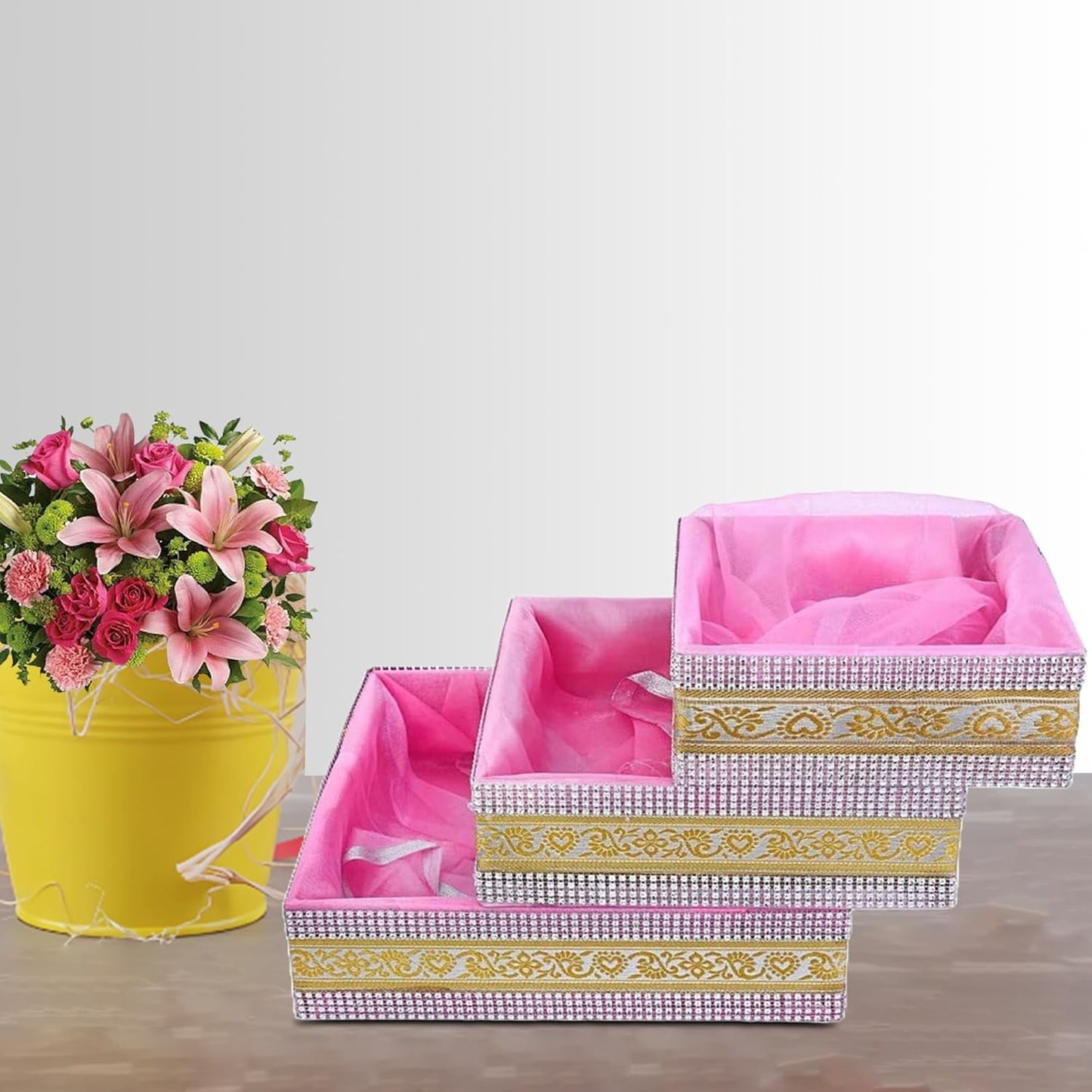 Baby Pink Gift Hamper Basket Set of 3 | Decorative MDF Basket for Festive Gifting