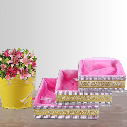 Baby Pink Gift Hamper Basket Set of 3 | Decorative MDF Basket for Festive Gifting