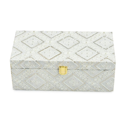 Luxury White Embroidered Fabric Mithai & Dry Fruit Storage Box with Golden Lock (33 x 13.5 x 10 cm) | Grownex Packaging | wooden box