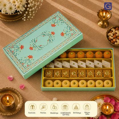 Sea Green Lotus Print Foil Sweet Box | 1kg Premium Matte Finish Mithai Gift Box