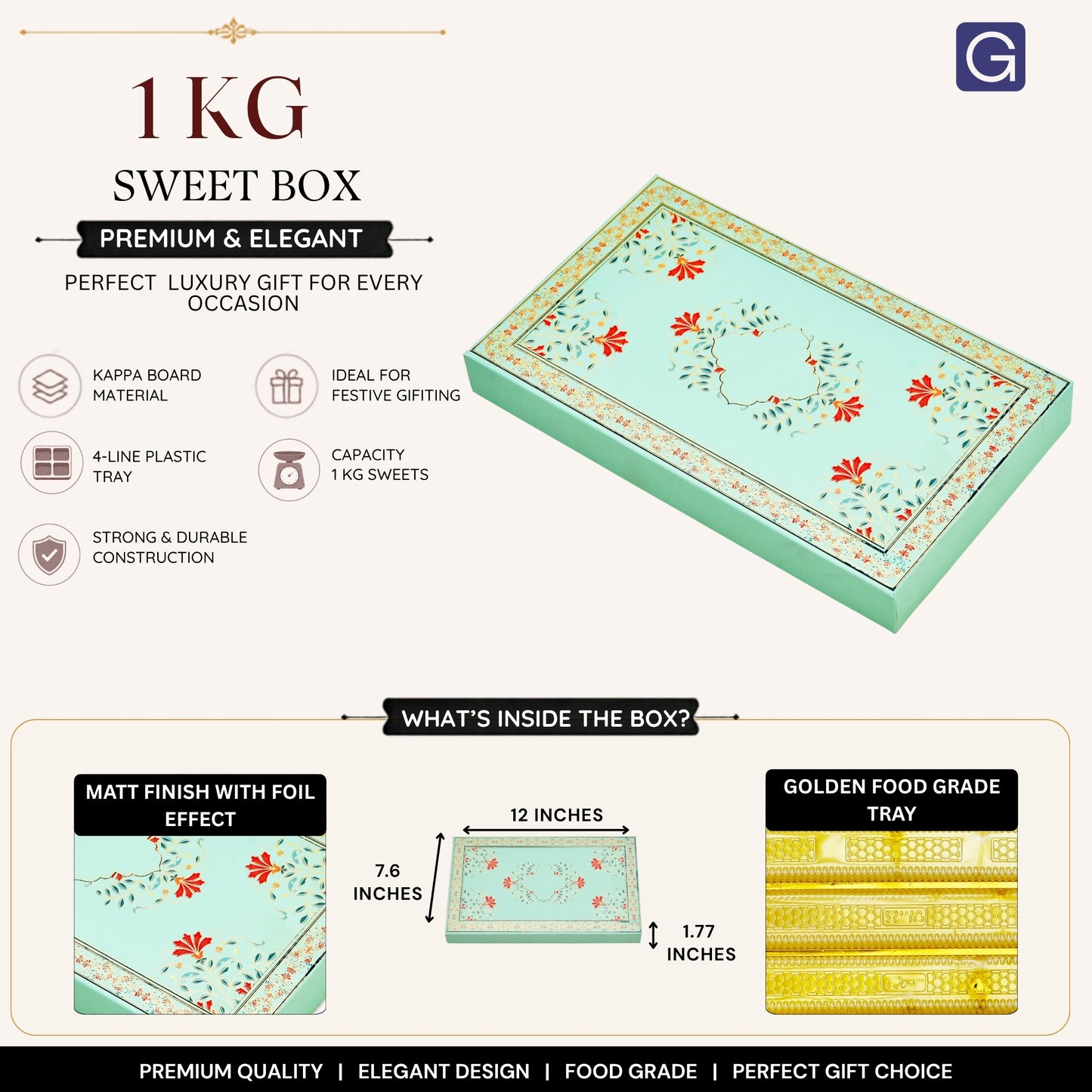 Sea Green Lotus Print Foil Sweet Box | 1kg Premium Matte Finish Mithai Gift Box