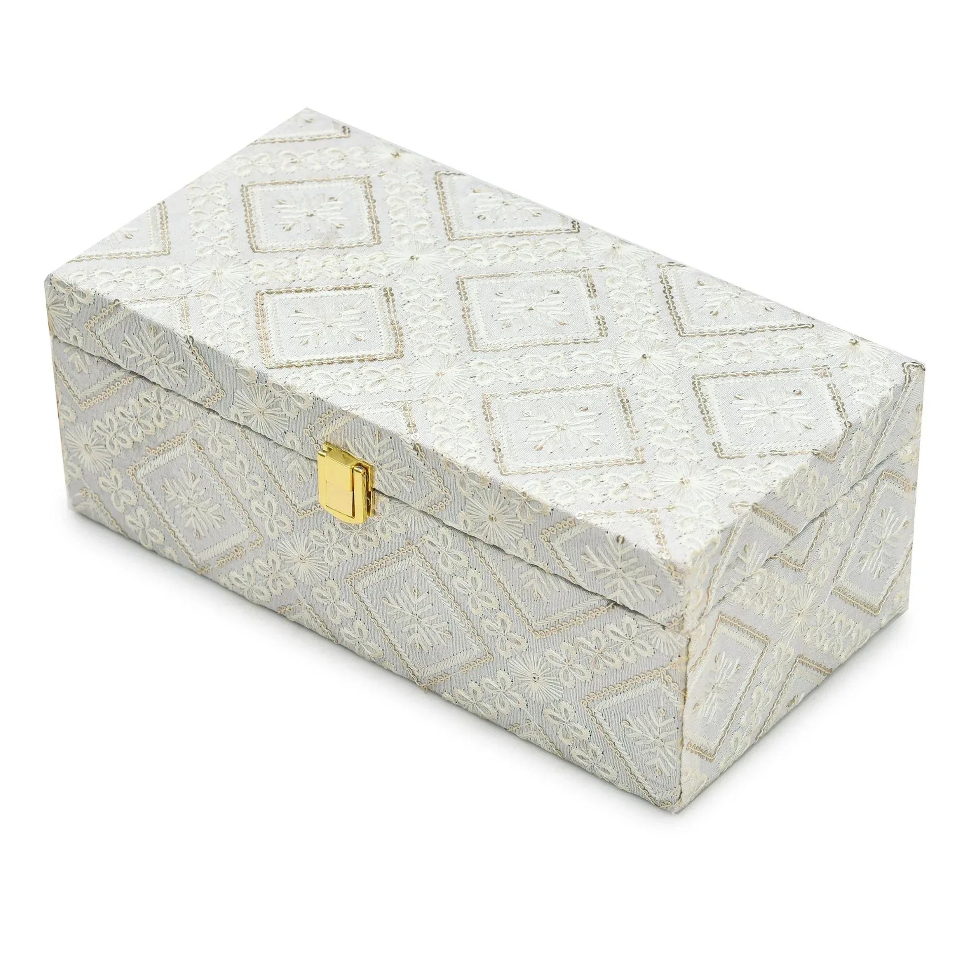 Luxury White Embroidered Fabric Mithai & Dry Fruit Storage Box with Golden Lock (33 x 13.5 x 10 cm) | Grownex Packaging | wooden box