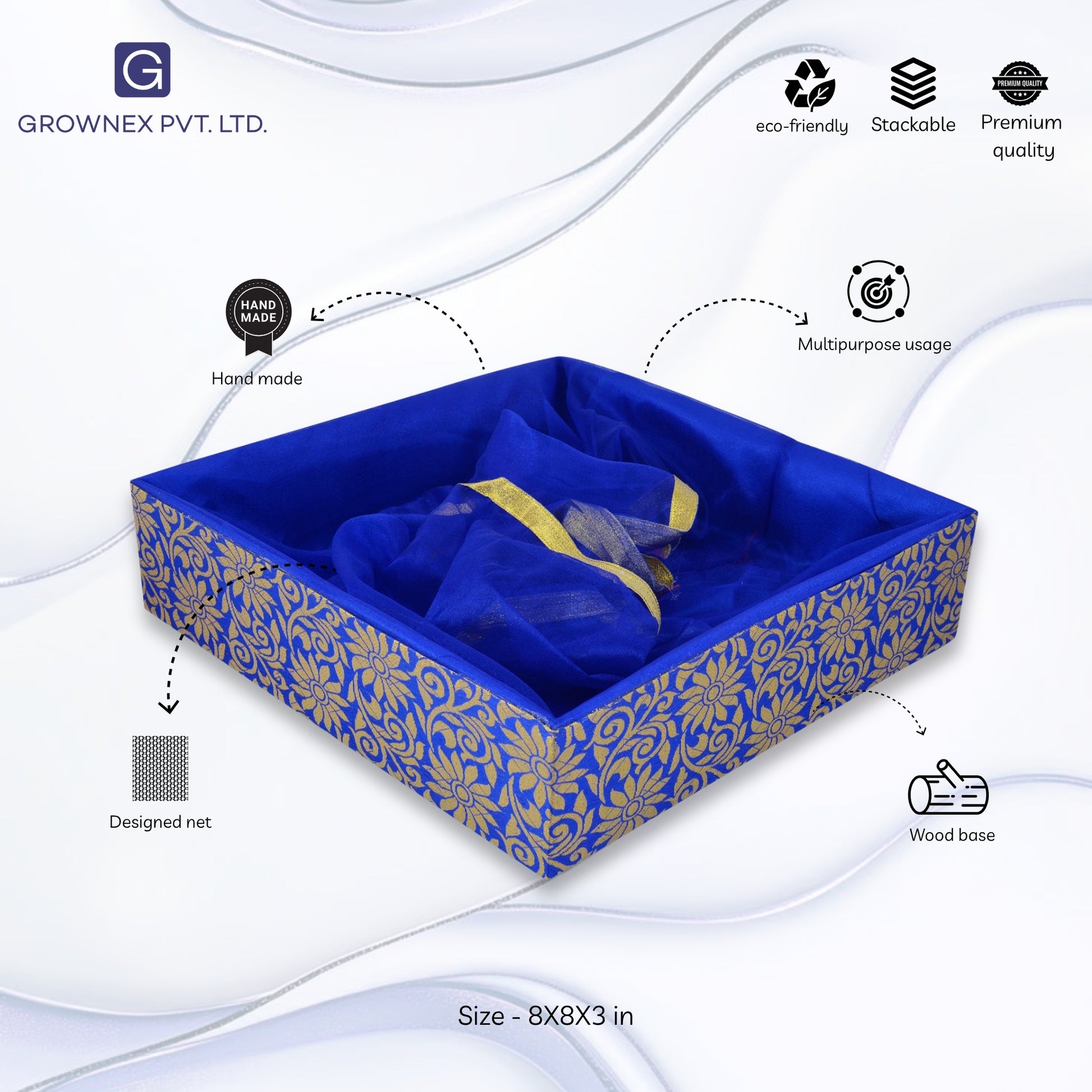 Floral Print Blue Wooden Gift Hamper Basket | Grownex Packaging | Basket & Tray