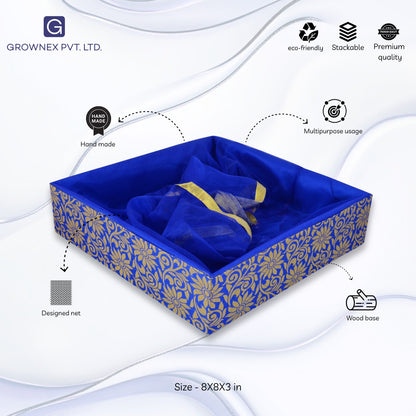 Floral Print Blue Wooden Gift Hamper Basket | Grownex Packaging | Basket & Tray