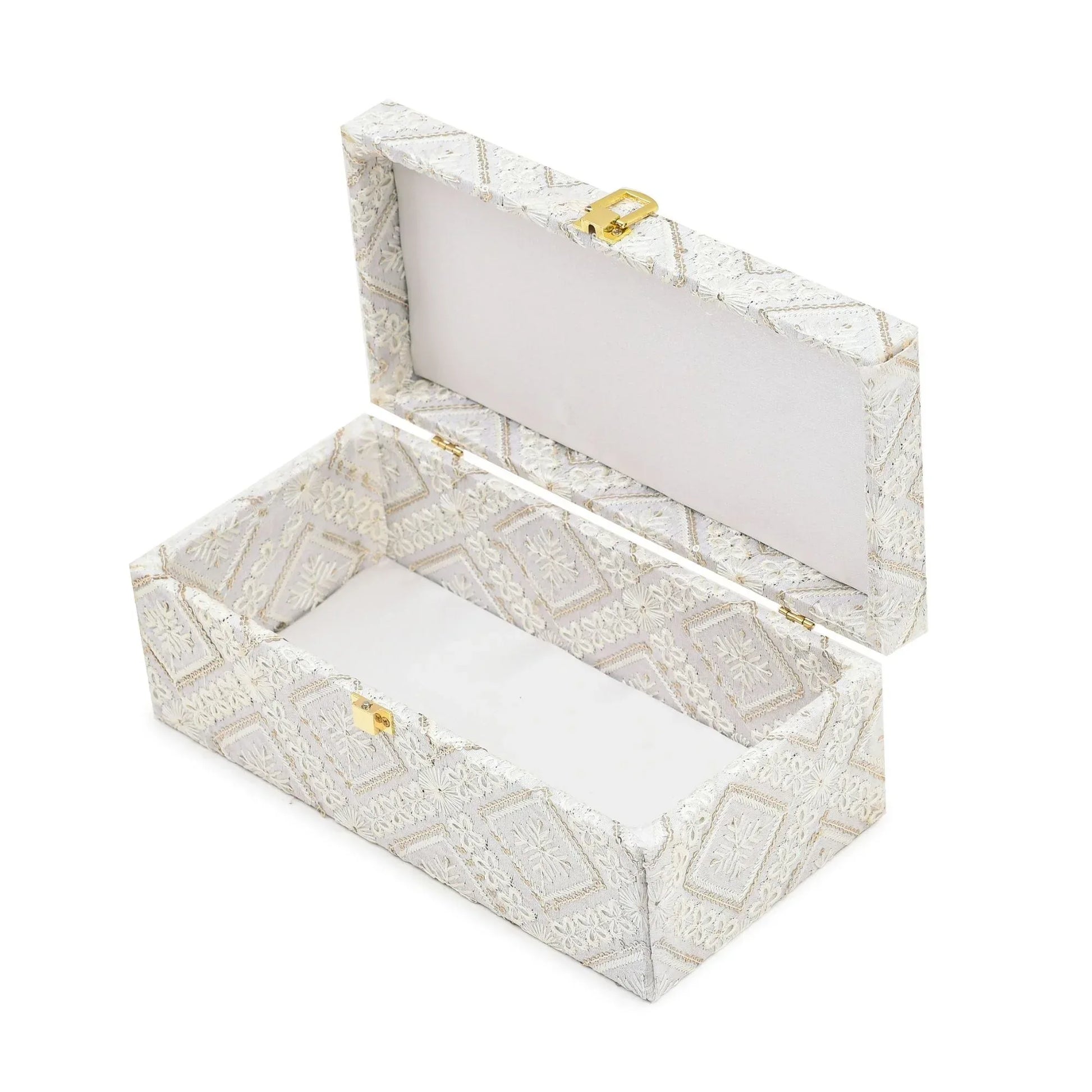 Luxury White Embroidered Fabric Mithai & Dry Fruit Storage Box with Golden Lock (33 x 13.5 x 10 cm) | Grownex Packaging | wooden box