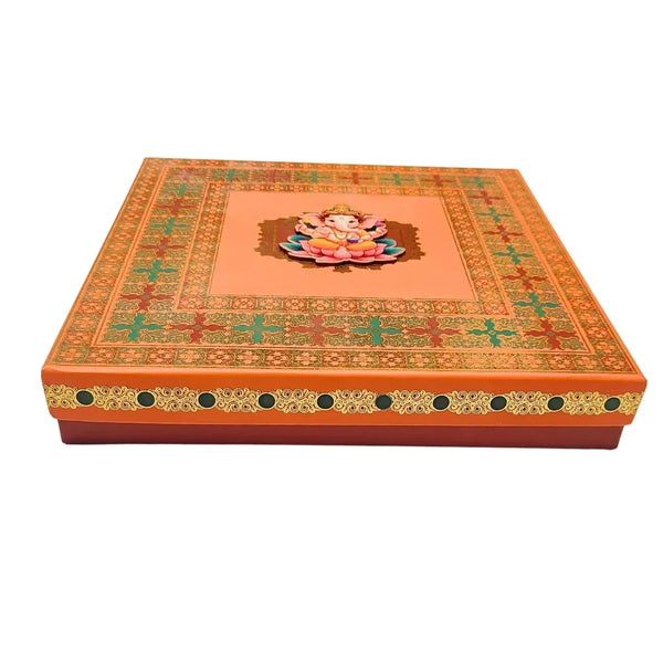 Simple Ganpati Decoration Matt Gold Foil Lawna Sweet Box - Front View | Grownex Packaging 