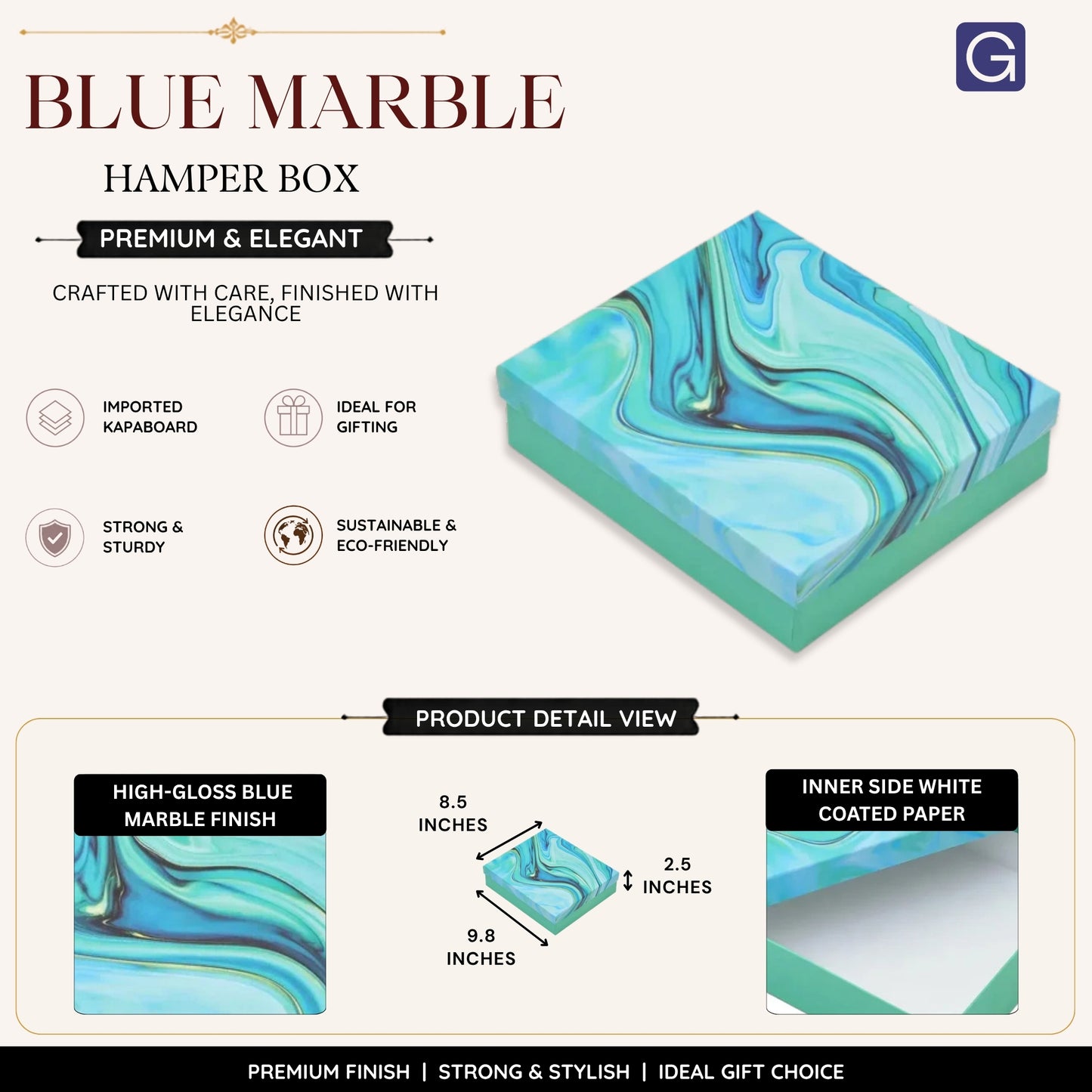 Gift Marble Blue Hamper Box 9.8x8.5x2.5 Inch | Luxury Gift Box