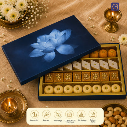 Blue Lotus 4 Compartment Gift Box | Premium Festive Dry Fruit & Sweet Box
