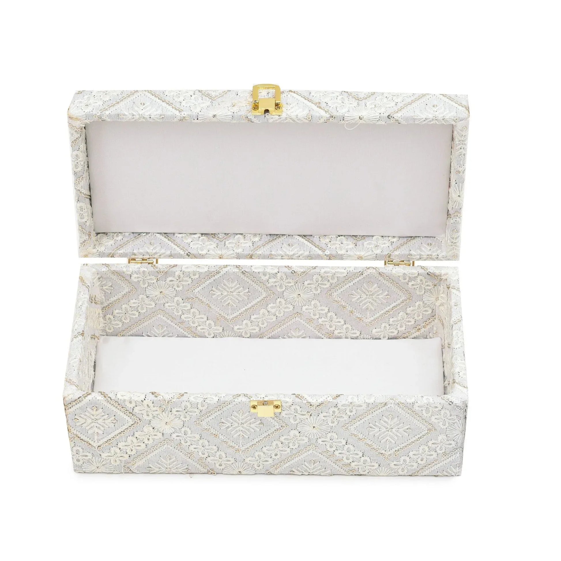 Luxury White Embroidered Fabric Mithai & Dry Fruit Storage Box with Golden Lock (33 x 13.5 x 10 cm) | Grownex Packaging | wooden box