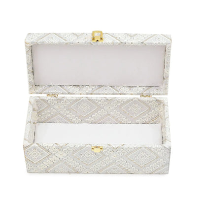 Luxury White Embroidered Fabric Mithai & Dry Fruit Storage Box with Golden Lock (33 x 13.5 x 10 cm) | Grownex Packaging | wooden box