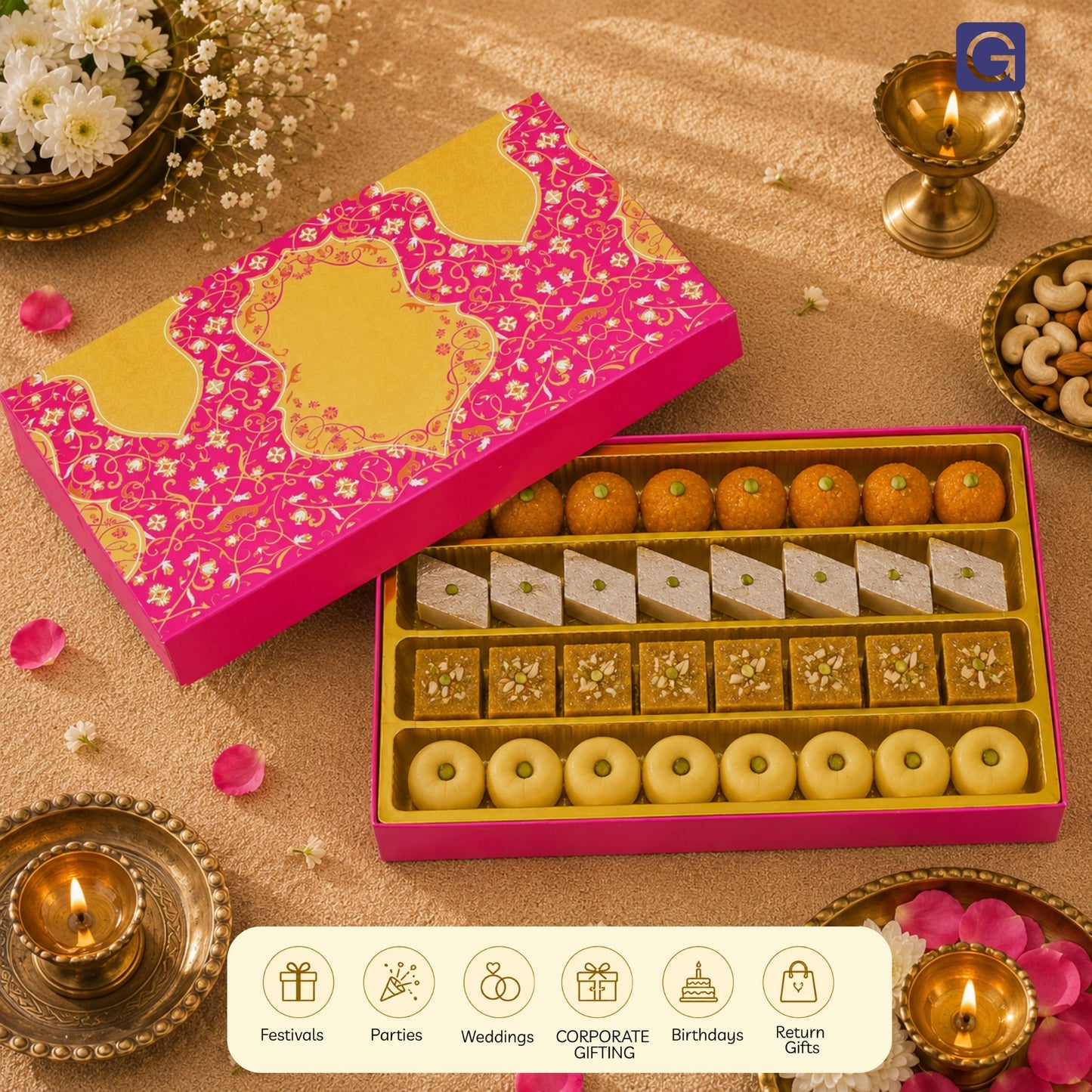 Pink Golden Sweet Box | 1kg Premium Mithai Packing Box