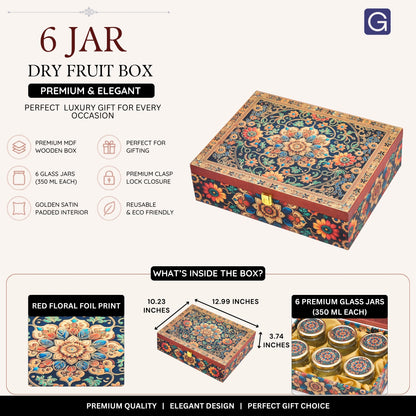 Red Floral Foil Wooden Dry Fruit Gift Box with 6 Jars | Premium Hamper Box