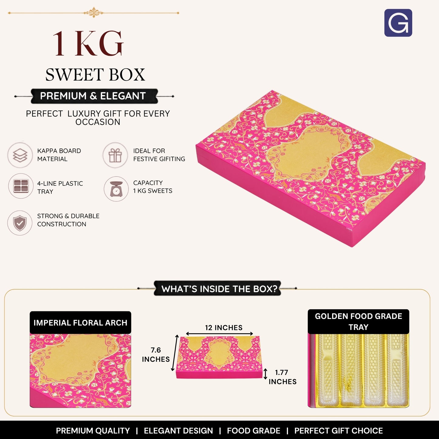 Pink Golden Sweet Box | 1kg Premium Mithai Packing Box