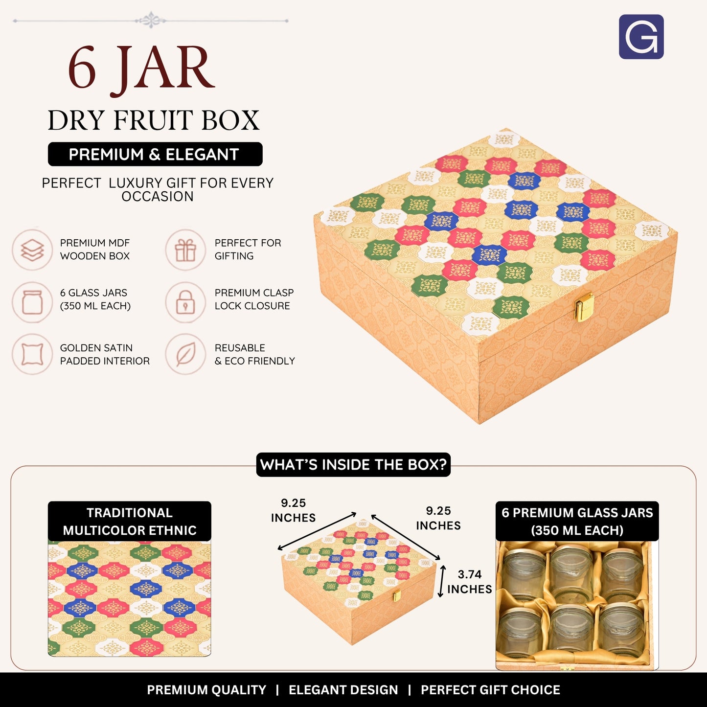 Heritage Multicolor Wooden Gift Box with 6 Glass Jars | Premium Festive Hamper Packaging
