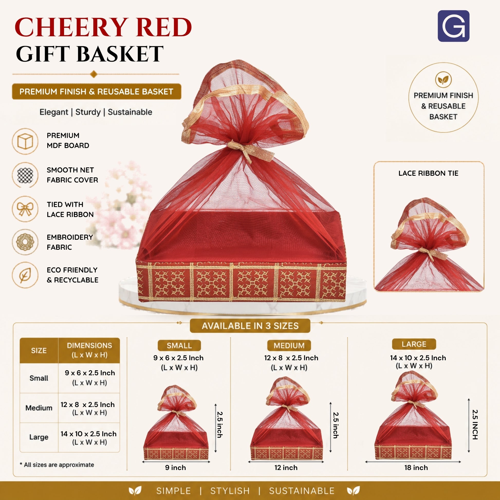 Gold Embroidery Cherry Red  Net Hamper Basket - Size & Dimensions | Grownex Packaging