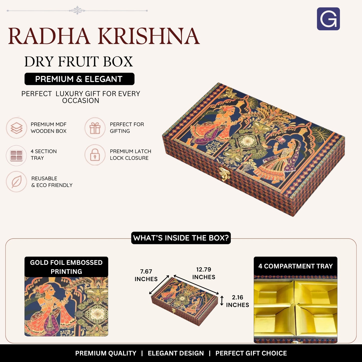 Radha Krishna Wooden Dry Fruit Gift Box with 4 Compartments