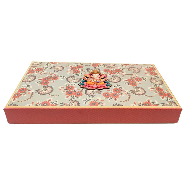 Ganesh Chaturthi Special Grey Blue Paisley Sweet Box - Close-up Detail | Grownex Packaging