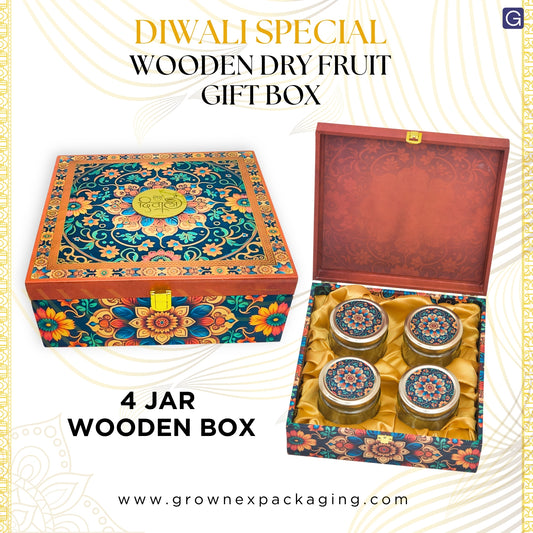 Royal Floral 4 Glass Jars Diwali Gift Box – Dry Fruit & Sweet Hamper | Grownex Packaging | wooden box