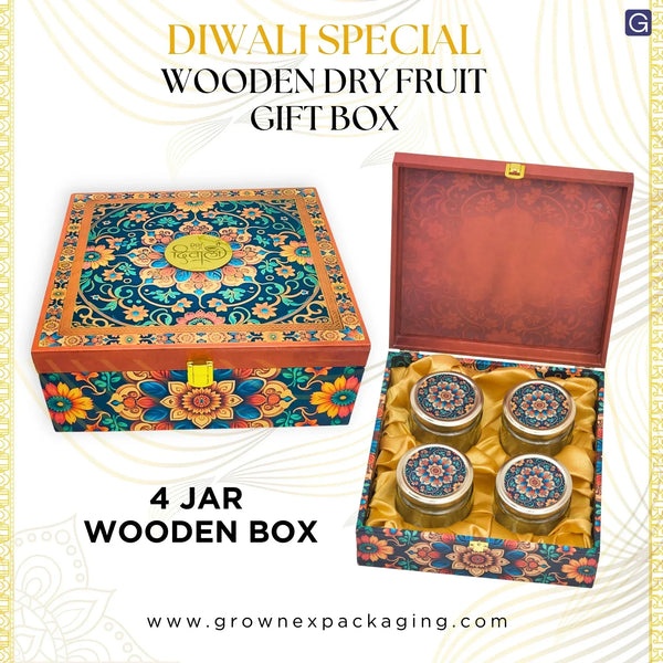 Royal Floral 4 Glass Jars Diwali Gift Box – Dry Fruit & Sweet Hamper | Grownex Packaging | wooden box