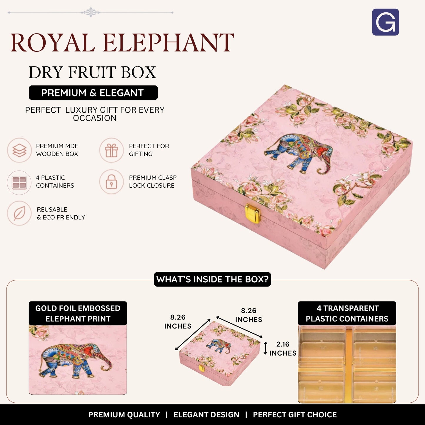 Elephant wooden gift box size dimensions view