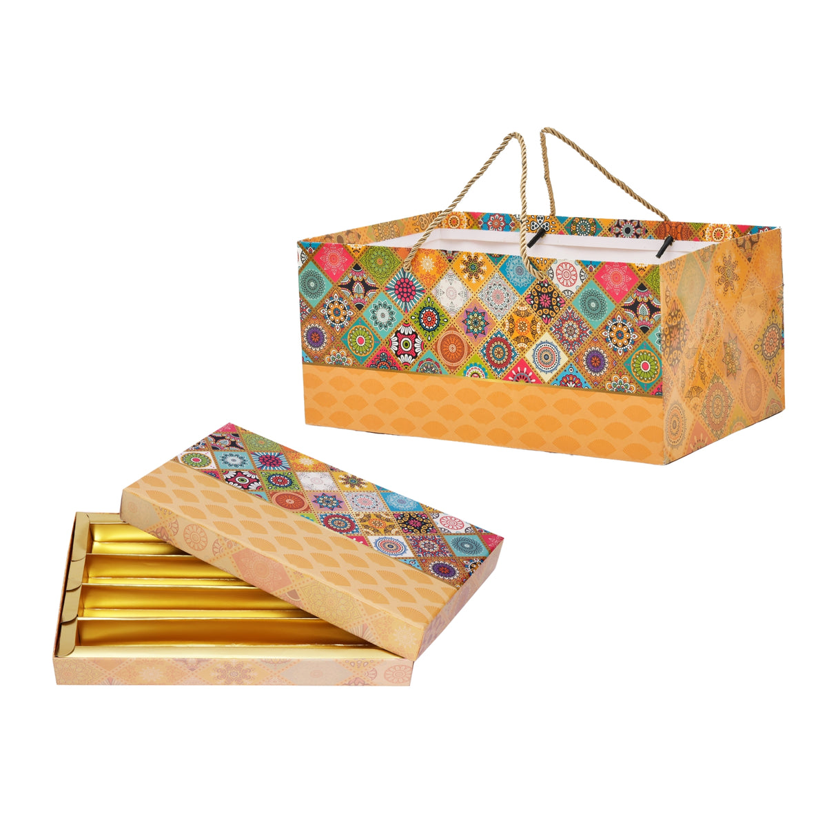 Mosaic Mandala Print Paper Bag with Matching Sweet Box Combo – Festive Gift Packaging Set