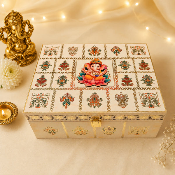 Ganesh Festival Wooden Ladoo Box | Premium MDF Box with Jars & 12 Cavity Tray
