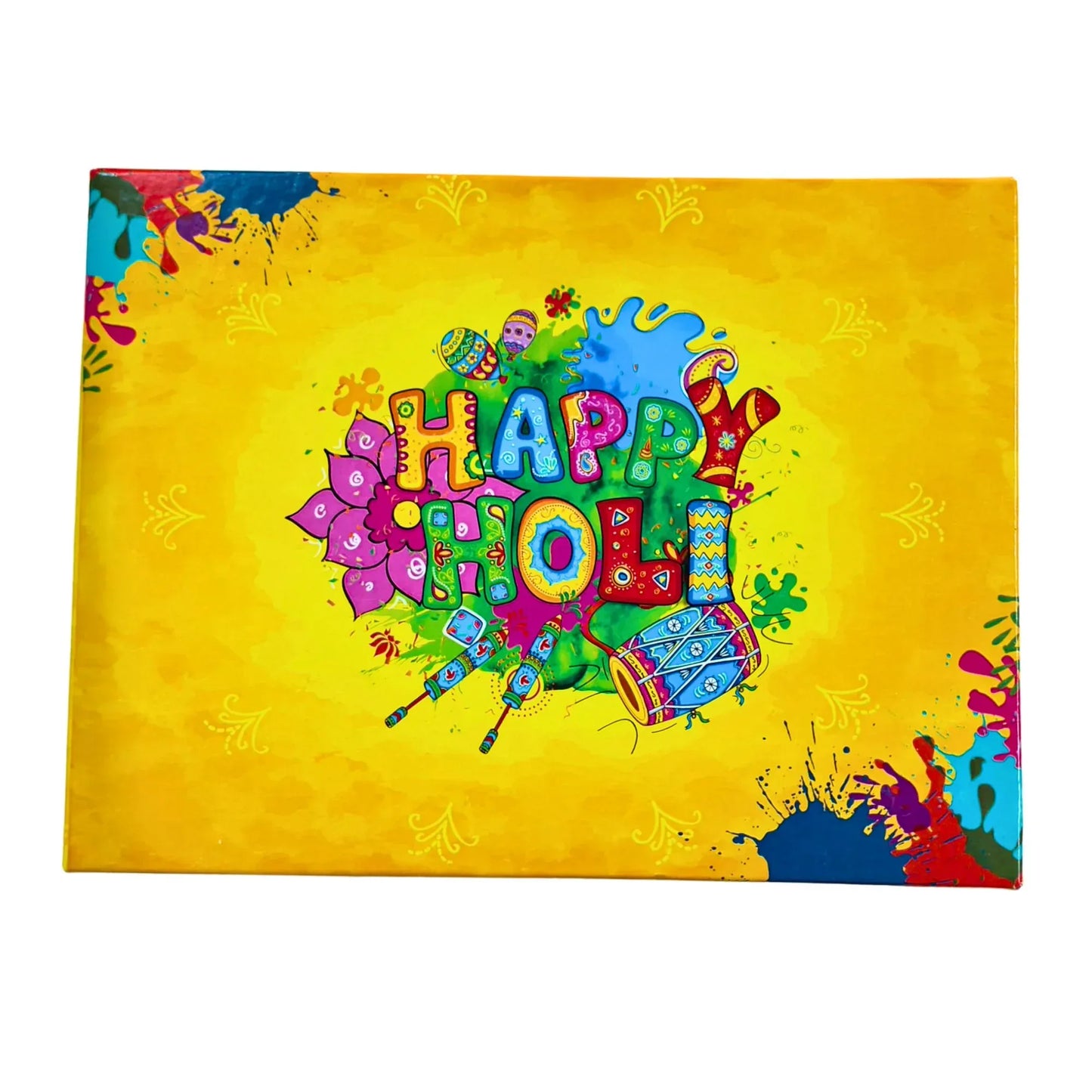 Holi Print Hamper Box 23.6 × 17.8 × 7.62 cm – Yellow | Food Safe Kappa Board Gift Box for Festive Gifting | Grownex Packaging | Hamper Box