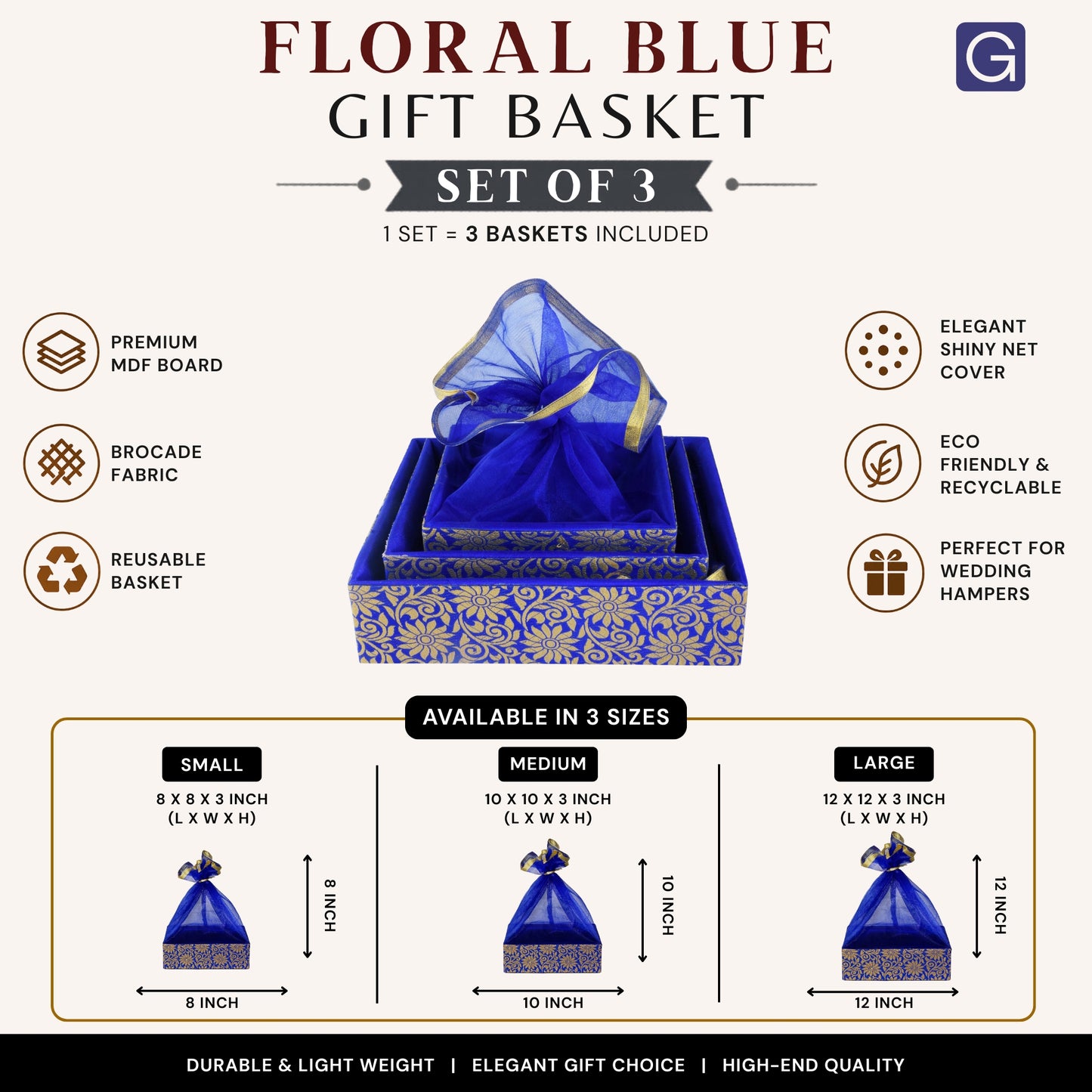 Floral Blue Hamper Basket Set of 3 | Stylish Wooden Gift Basket for Special Occasions