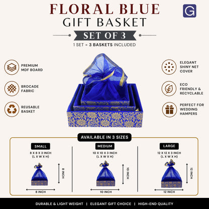 Floral Blue Hamper Basket Set of 3 | Stylish Wooden Gift Basket for Special Occasions