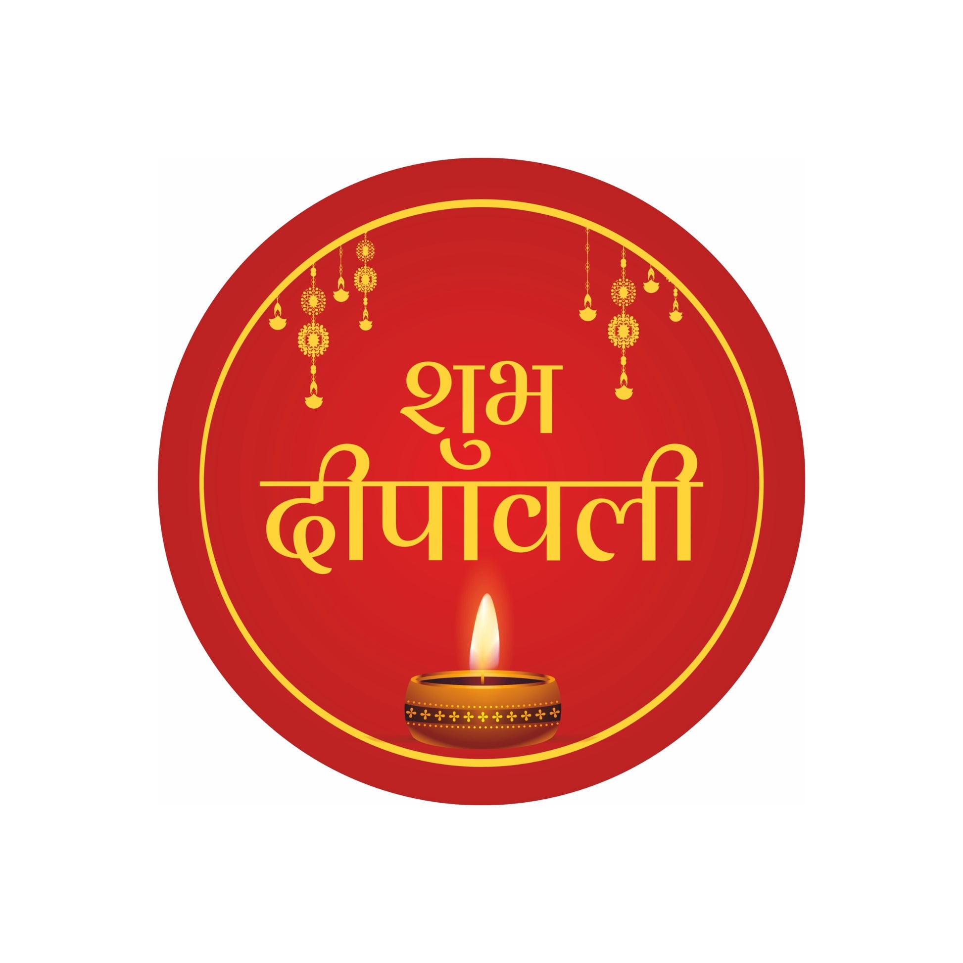 Shubh Deepawali Sticker – Hindi Golden Script Red with Diya | Grownex Packaging | Tags & Stickers