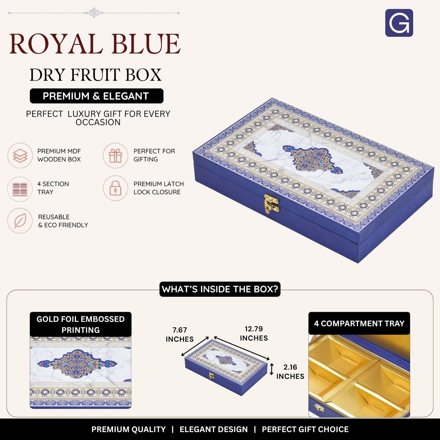 Royal Blue Foil Print Wooden Hamper Box | 4 Section Gift Box